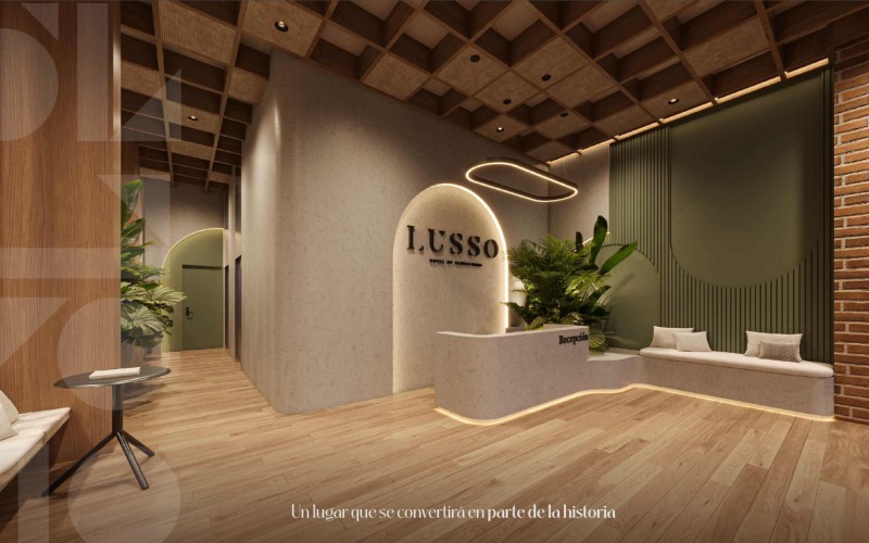 Contemporary design lobby welcoming international guests. Spaces that reflect LUSSO's exclusivity, with 24/7 professional service. Hotel operator with 15 years of experience. #LuxuryHotel #MedellinRealEstate